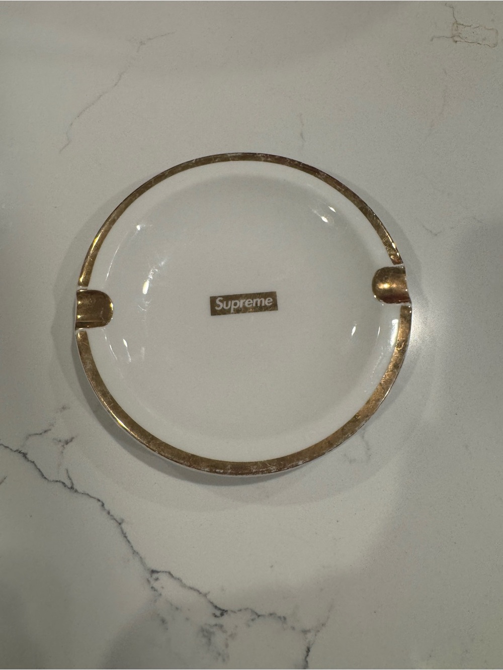Supreme White Ceramic Ashtray with Gold Accent